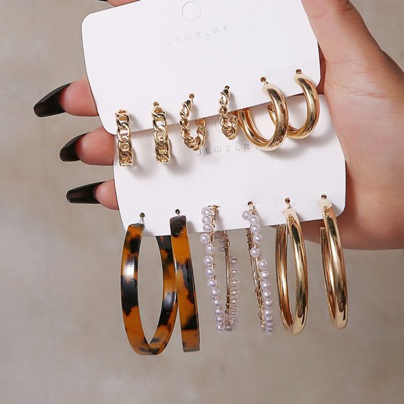 3/$35 3 Pairs Pack Large Big Hoop Earrings Set Gold Pearls Chunky Jewelrly - Picture 5 of 7